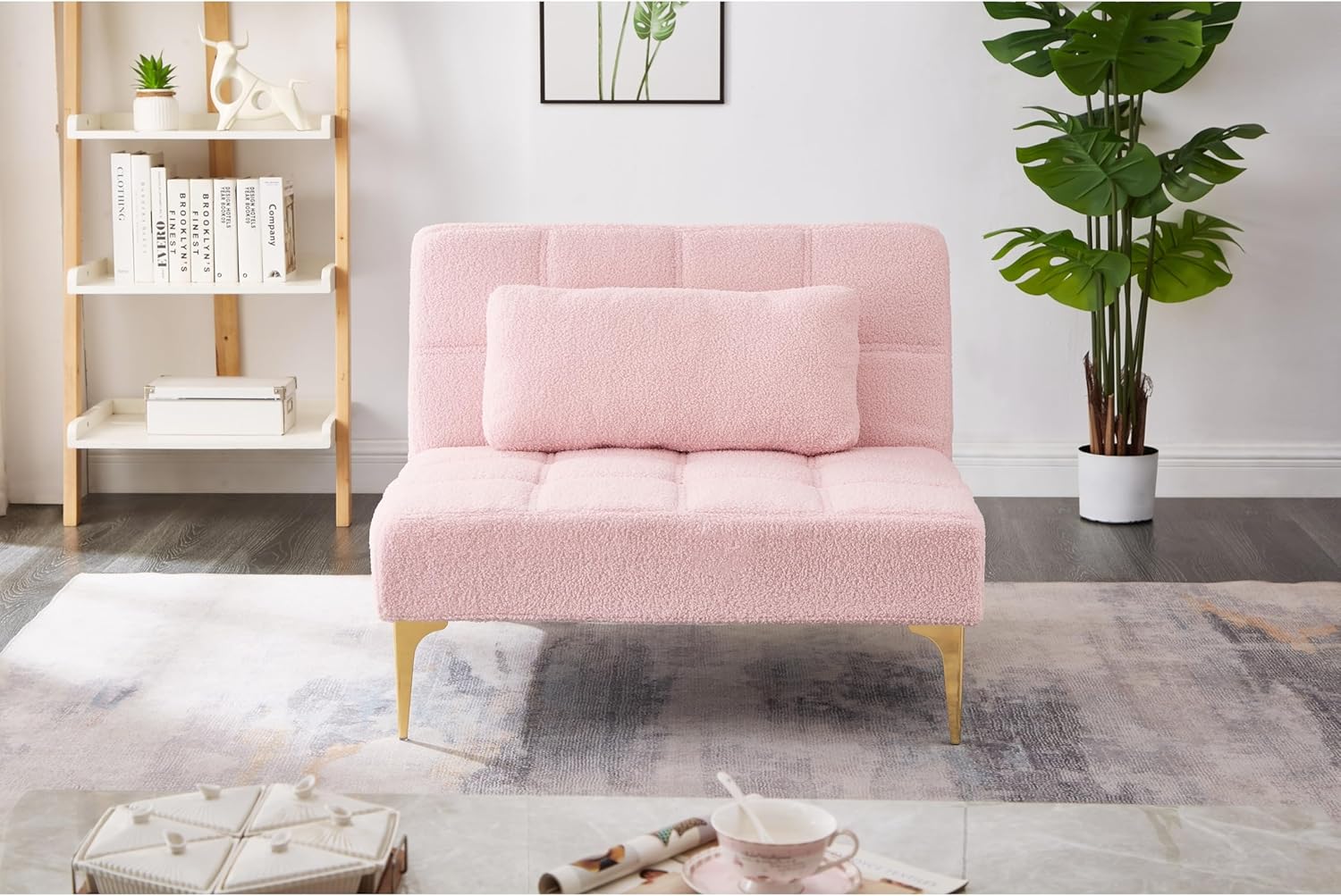 Convertible Single Sofa Bed Futon Fireside Chair Lounger Pink Chevron Lake House Modern Contemporary Solid Felt Wood Down Fill Cushions Manual Recline
