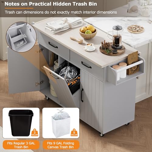 60" Kitchen Island with Drop Leaf and Power Outlet, Rolling Kitchen Cart on Wheels with Trash Can Storage Cabinet, Spice Rack, Towel Rack and Adjustable Shelf for Dining Room