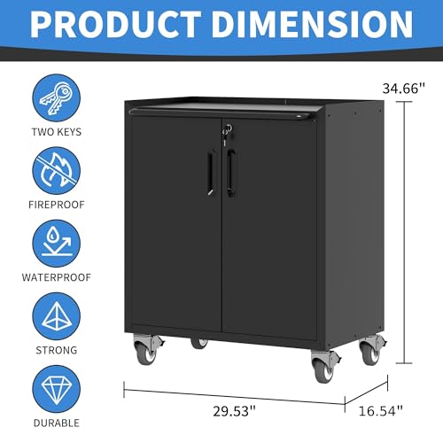 Metal Storage Cabinet with Wheels, Lockable Garage Cabinet with Doors and Shelves, Rolling Tool Storage, Assembly Required, Black