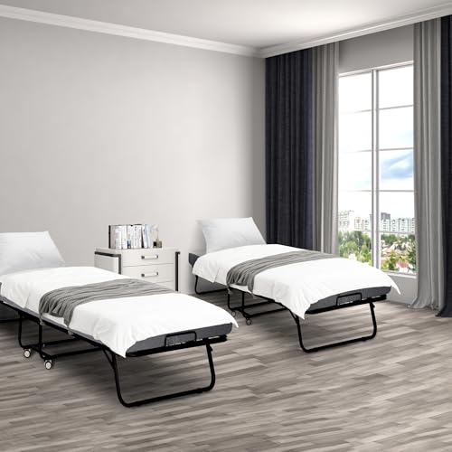 Folding Bed, Portable Foldable Bed with Mattress, 75"x 38" Rollaway Bed Guest Bed for Adults, Fold up Bed with Sturdy Metal Frame& Wheels, Space-Saving Sleeper Bed,Black