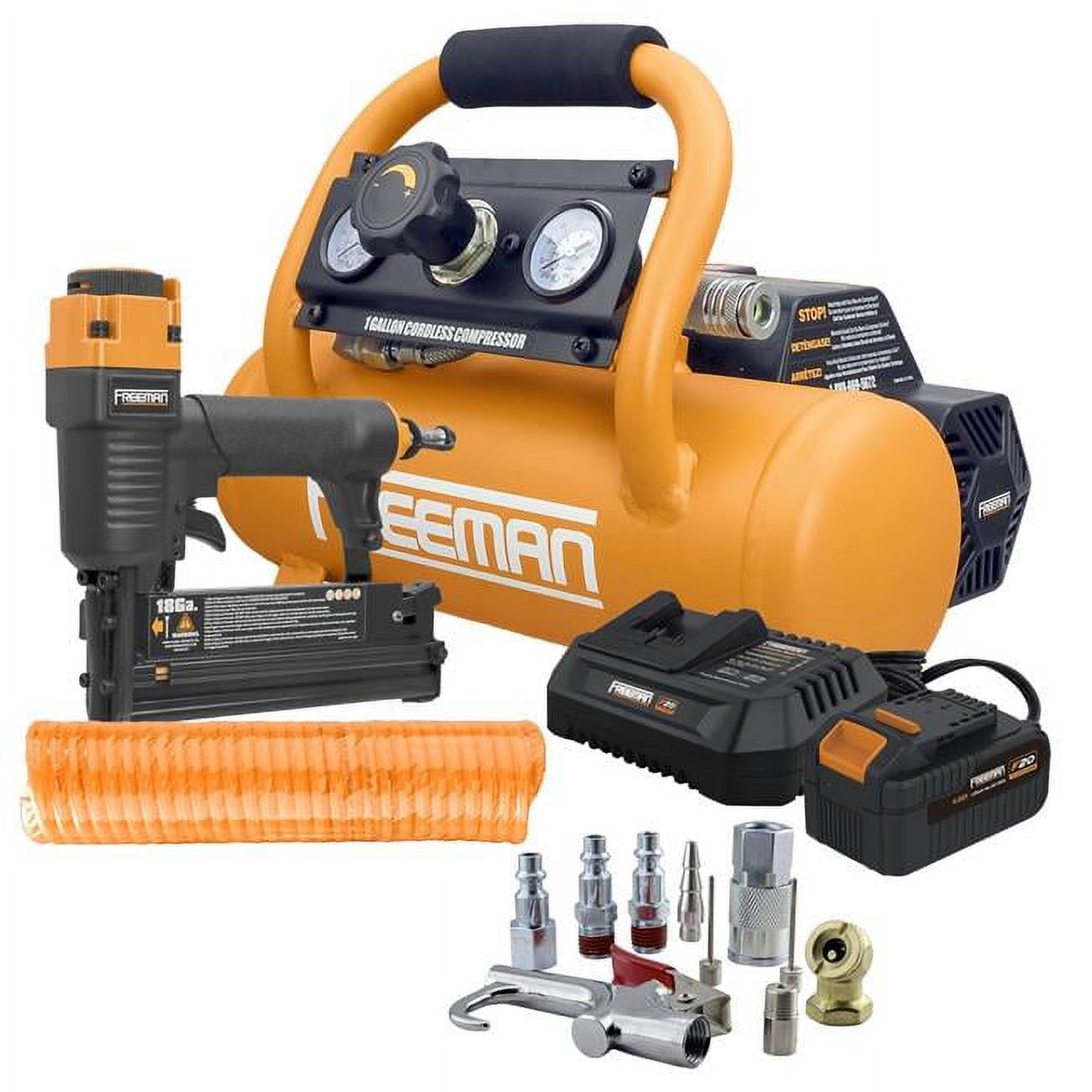 1 gal 20V Cordless Air Compressor with 3-in-1 Pneumatic Finish Nailer & Stapler, 4 Ah Lithium-Ion Battery, Charger, Air Hose, Inflation Accessory Kit & Fasteners