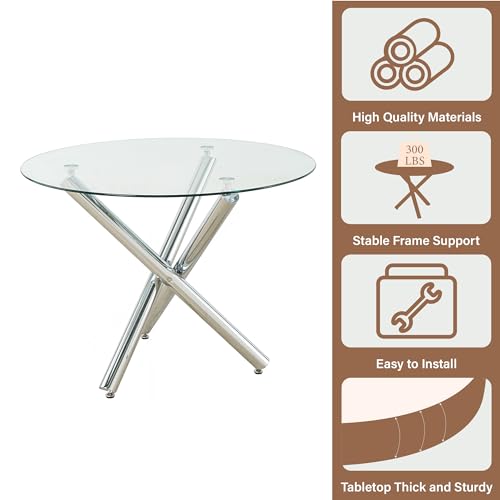 Round Glass Dining Table Set for 4, 47'' Circle Dining Table Set, Glass Dining Room Table Set for 4 with Clear Acrylic Chair, Kitchen Table Chairs Set with Round Base for Dining Room,Amber