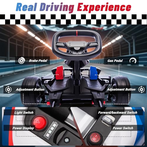 24V 9AH Electric Go Kart with Adjustable Seat, 7.5 MPH Drift Kart for Kids Age 6-12, 2 * 200W Motors, Drift Mode and 2 Speed, Licensed BMW (Grey)