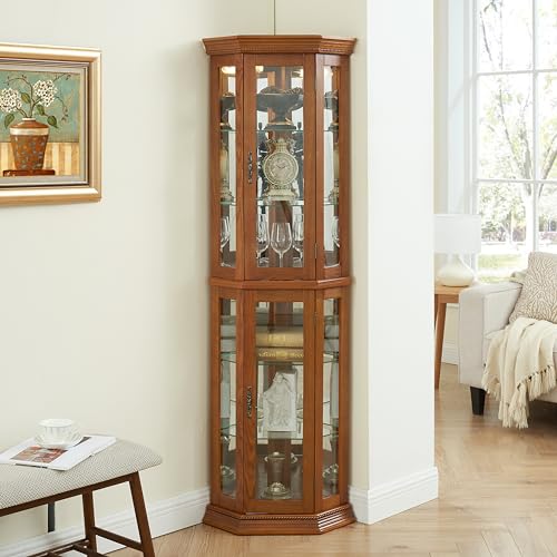 Corner Curio Cabinet Lighted Corner Display, Glass Display Shelf Shelving Bar cabinet with Tempered Glass Door, Bar Cabinet,Cabinet with Adjustable Shelf Glass Cabinet Shelves Bead Bulb Included OAK