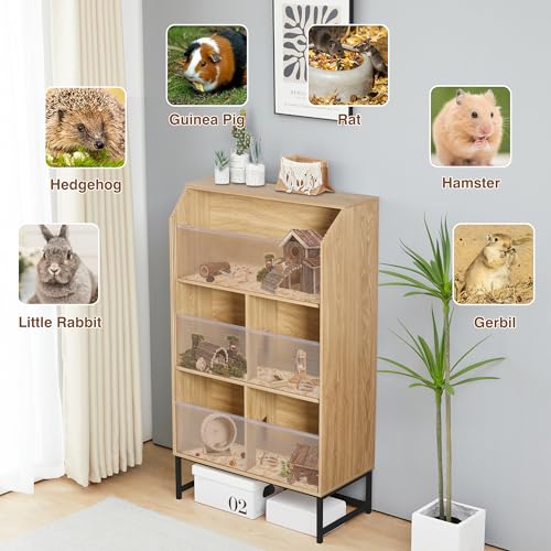 Large Hamster Cage with Storage Cabinet, 3-Tier Small Animals Cages Habitats, Animal House with Openable Top and Easy View Acrylic Panels for Rat, Guinea Pig, Hedgehog, Gerbil (Natural)