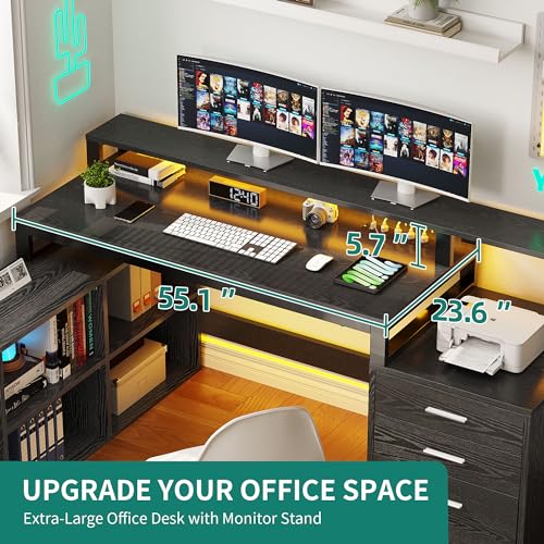 DWVO L Shaped Desk with Power Outlets & LED Lights, 65" Computer Desk with Drawers, Corner Desk Office Desk with File Cabinet & Printer Stand, Black