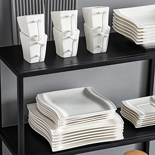 MALACASA Ivory White Dinnerware Sets, 60 Piece Kitchen Plates and Bowls Sets for 12, Porcelain Dish Set with Dinner Plates Set, Cups and Saucers, Square Dishes Dinnerware Set, Series Flora