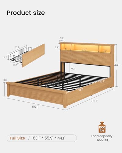 VIAGDO Wood Bed Frame Full Size with 4 Storage Drawers and Charging Station, Fluted Led Full Bed Frame with 2 Tier Storage Headboard, No Box Spring Needed,Wood