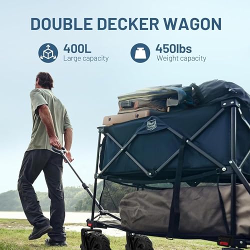 TIMBER RIDGE 400L Large Capacity Folding Double Decker Wagon, 54" Extra Long Extender Wagon Cart, 450lbs Heavy Duty Collapsible Wagon, All-Terrain Big Wheels for Camping, Sports, Shopping, Gray