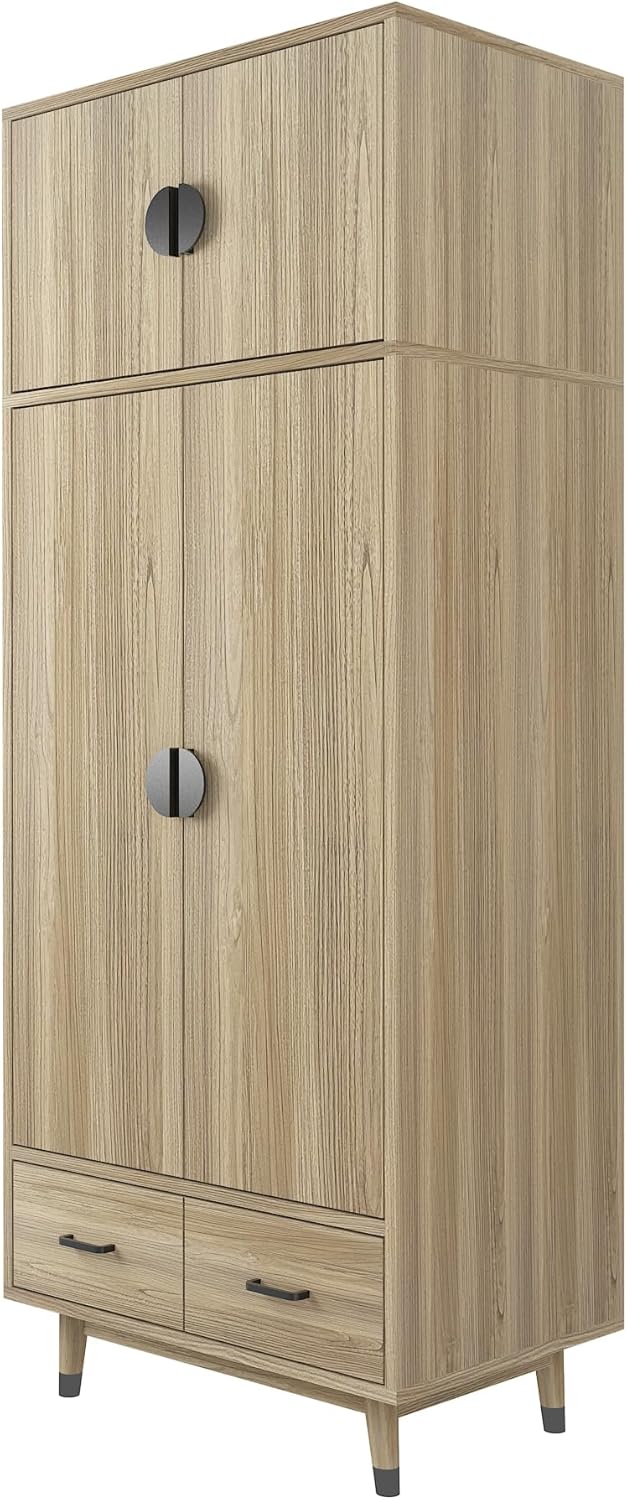 Armoire Wardrobe Closet 2-Door Storage Pantry Cabinet Modern Wood Closet with 2 Drawers, Hanging Rod, Freestanding Pantry Cabinet for Bedroom, Oak