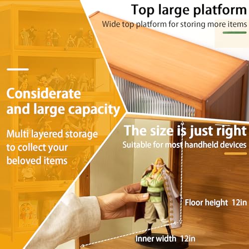 68” Curio Display Cabinet, 5 Tier Storage Cabinet with Acrylic Glass Door, Collectibles Toy Organizers Rack & Display Shelf, Kids Bookcase for Living Room, Toddler's Room, Bamboo (Wooden flip door)