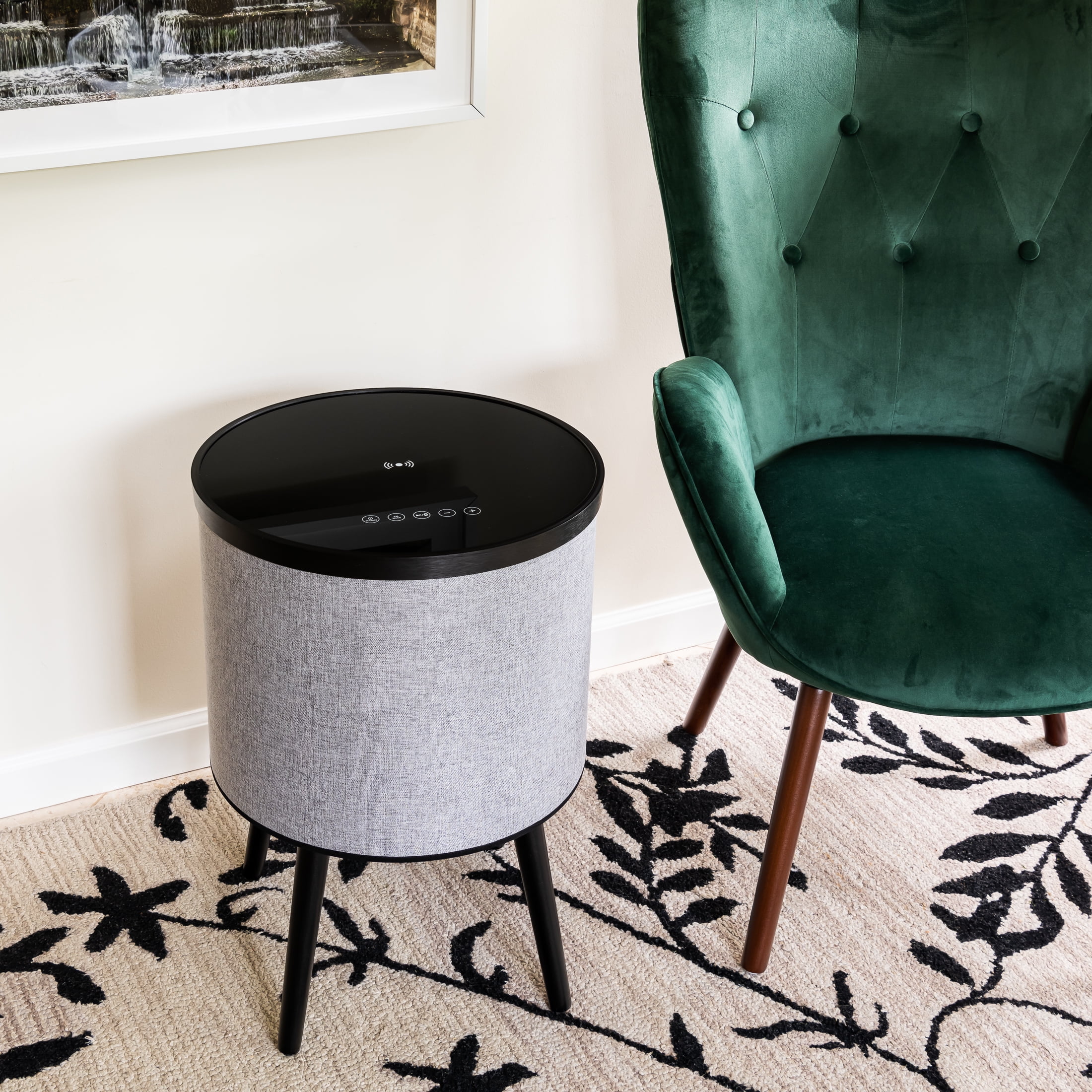 DecorTech Round Bluetooth Speaker End Table with Wireless Charging, Gray