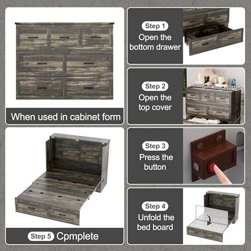 Bellemave Queen Murphy Bed, Cabinet Bed with Charging Station and Storage, Farmhouse Murphy Cabinet with Foldable Panel, Noisy Free, for Guest Bedroom, Living Room, Office, Rustic Gray