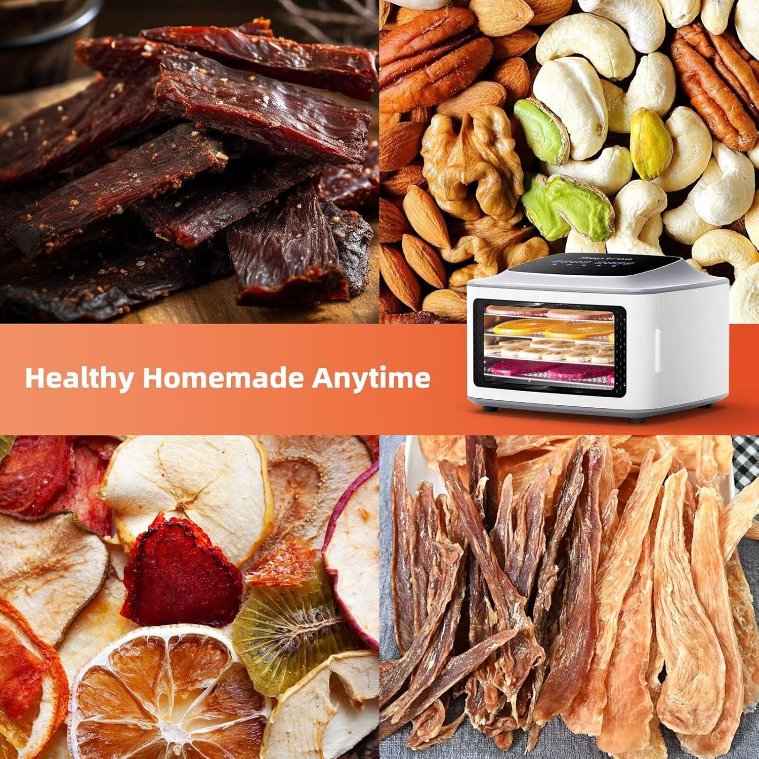 Upgraded 4-layer Food Dehydrator for Jerky, Stainless Steel Trays Food Dryer Machine with Deluxe Accessories Kit, 400W 190°F Temp and Timer Control, for Herbs, Meat, Fruit, Veggies, Mushroom