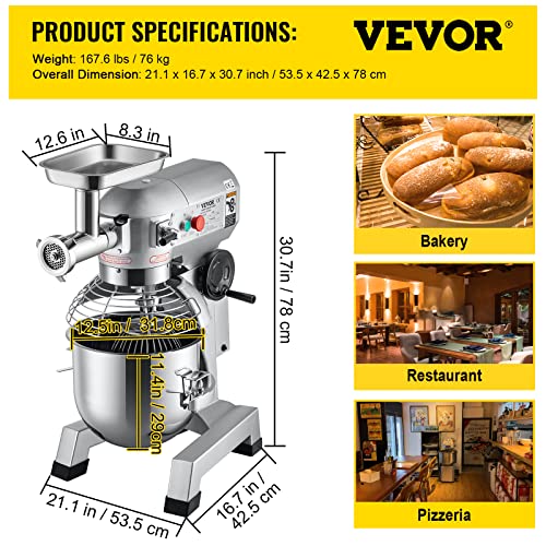 VEVOR Commercial Food Mixer, 8.5Qt Capacity, 450W Dual Rotating Dough Kneading Machine with Food-grade Stainless Steel Bowl, Security Shield & Timer Included, Baking Equipment for Restaurant Pizzeria