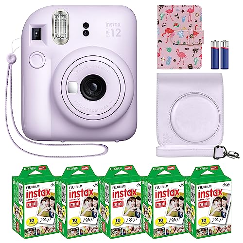 Fujifilm Instax Mini 12 Instant Camera + MiniMate Accessory Bundle & Compatible Custom Case + Fuji Instax Film Value Pack (50 Sheets) Flamingo Designer Photo Album (Clay White)