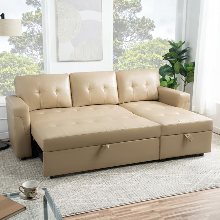 Naomi Home Jenny Sectional Sofa Sleeper with Storage Chaise, Tufted Pull Out Couch with Storage, L-Shaped Reversible Sleeper Sofa with Storage, Black,Air Leather
