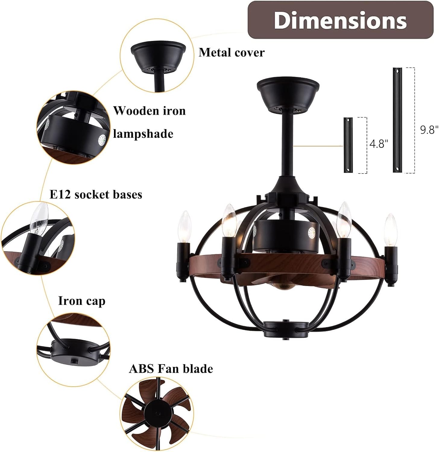 OUKANING Farmhouse Enclosed Ceiling Fan with Light Remote Control, Rustic Chandelier Fandelier with Lights, Reversible Modern Industrial Black Cage Ceiling Light Fixture（22 inches）