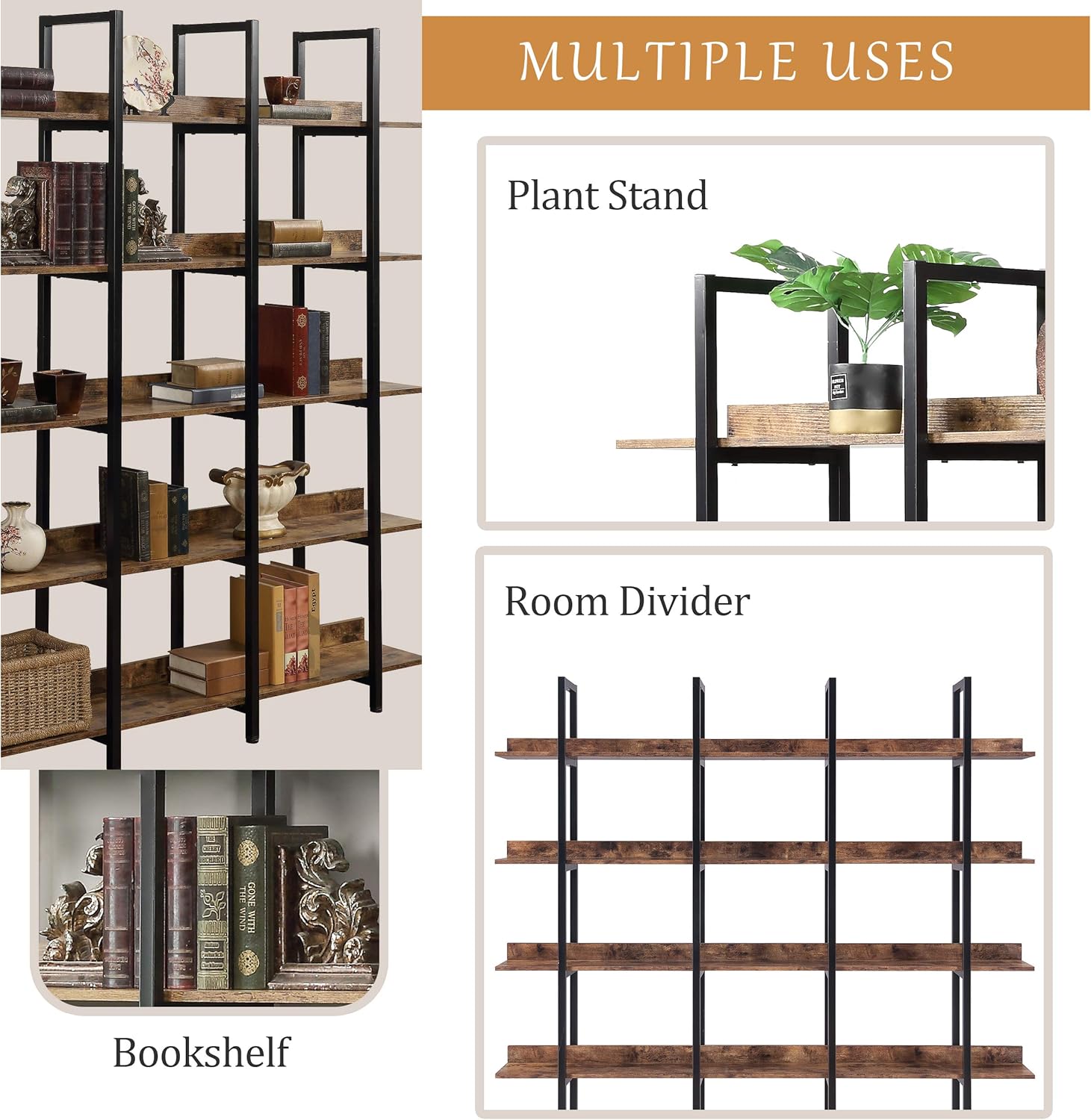 5 Tier Bookcase Home Office Open Bookshelf, Vintage Industrial Style Shelf with Metal Frame, MDF Board