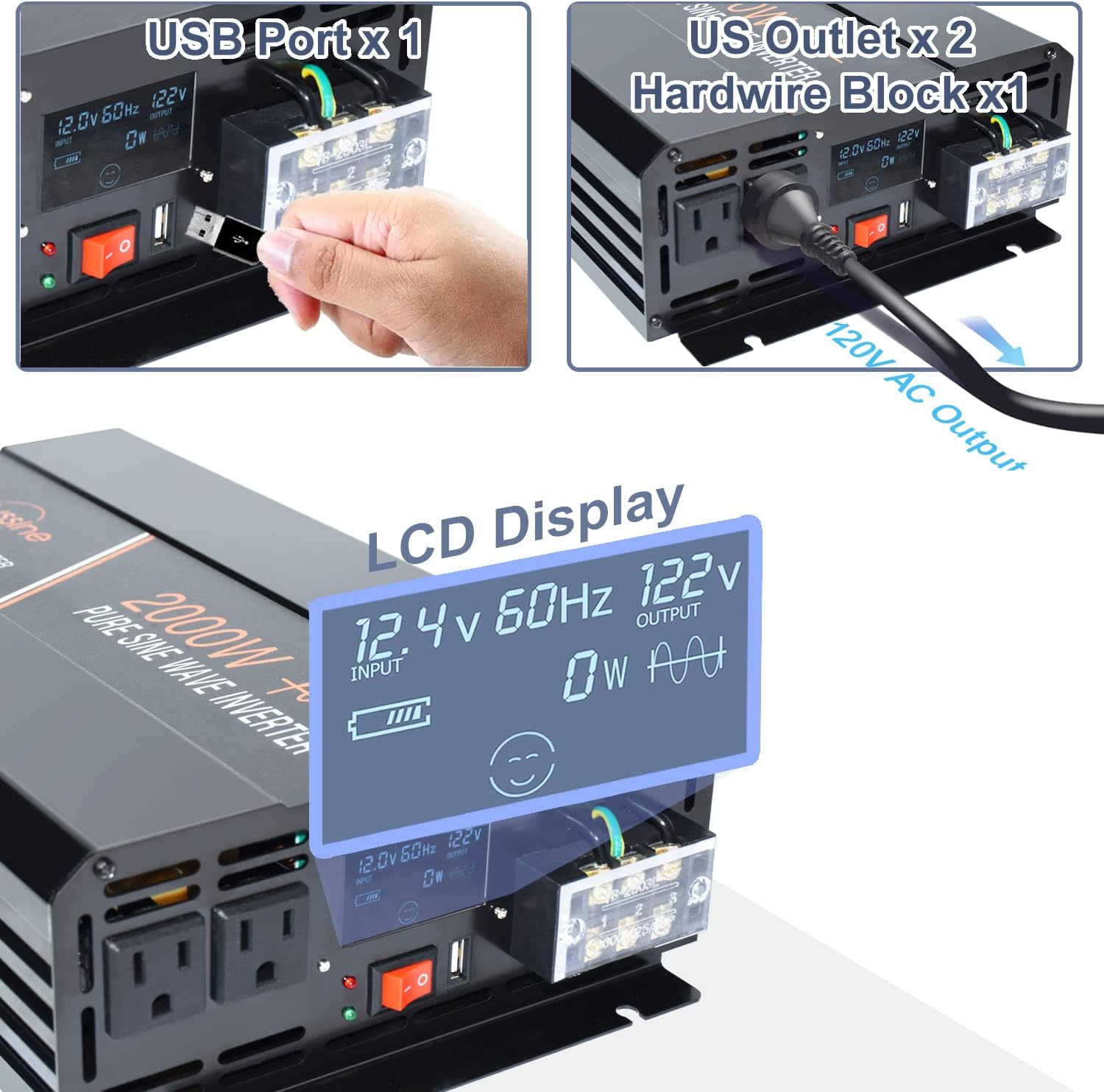 aeliussine Power Inverter 2000W Pure Sine Wave Inverter 12v DC to AC 120v Peak 4000 Watt Converter with LCD Display USB Charge Port for Car RV Boat Solar Power System.