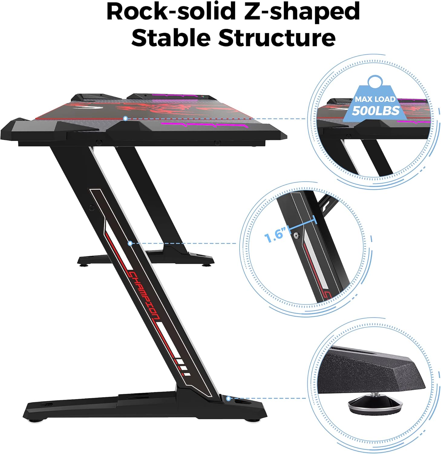 EUREKA ERGONOMIC Z60 Gaming Desk 60 inch Computer Desk Z Shaped Large PC Tables with RGB LED Lights Mouse Pad for E-Sport Racing Gamer Pro Home Office Gift