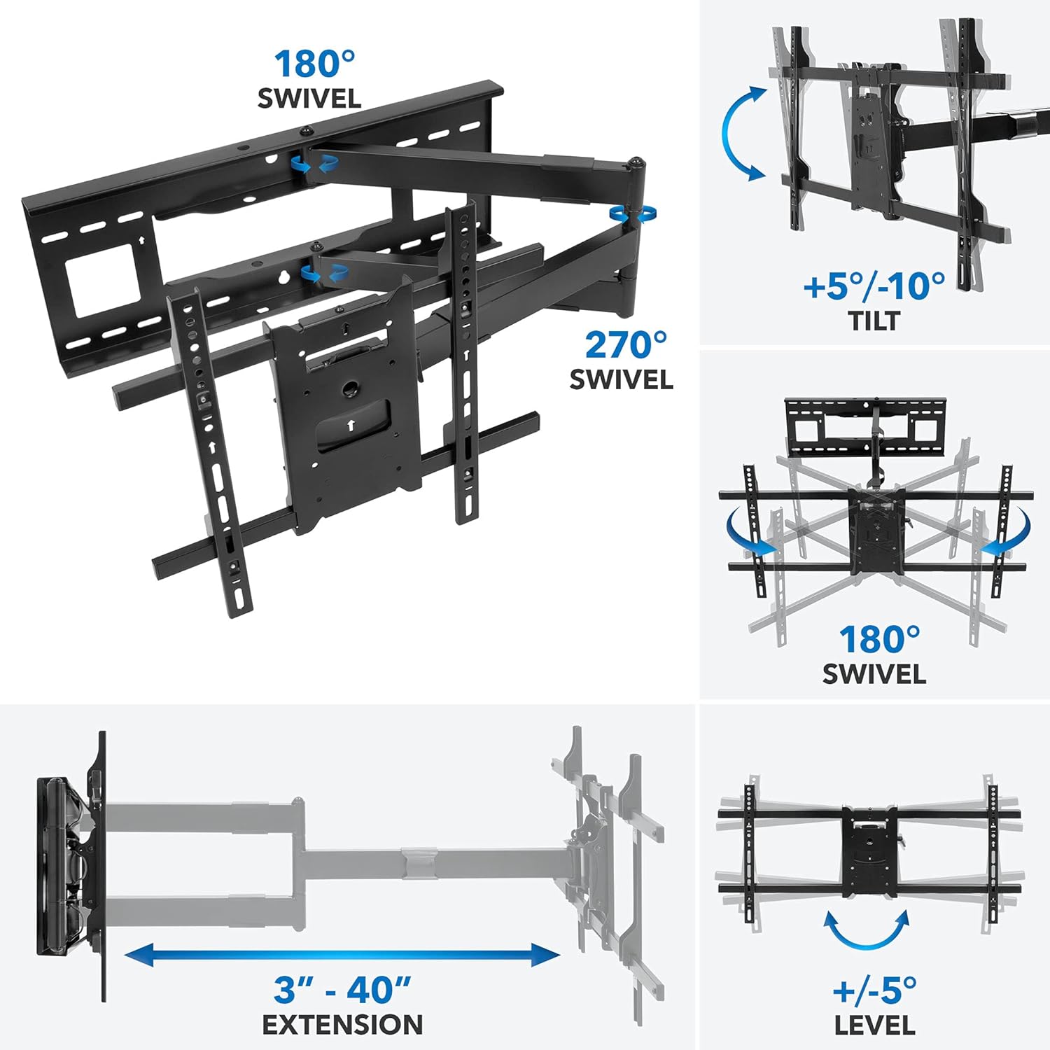 Mount-It! Long Arm TV Mount, Full Motion Wall Bracket with 40 inch Extension Articulating Arm, Fits Screen Sizes 42, 47, 50, 55, 60, 65, 70, 75, 80 Inch, VESA 800x400mm Compatible, Holds up to 110 lbs