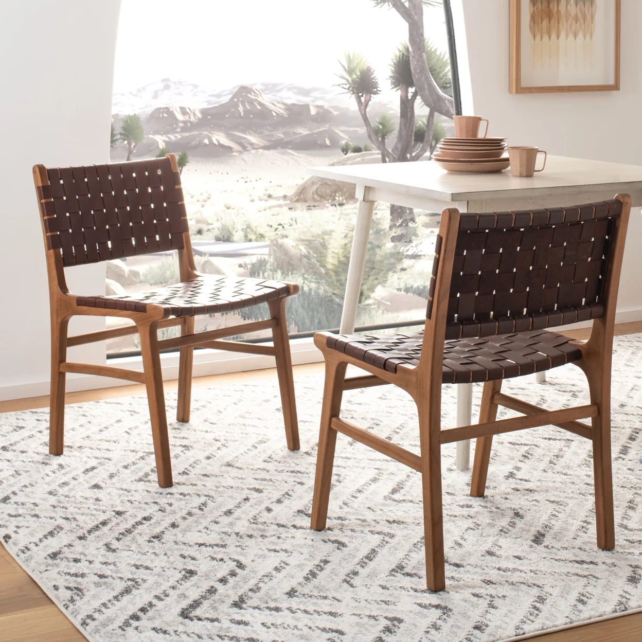 SAFAVIEH Taika Woven Leather Dining Chair, Cognac/Natural, Set of 2