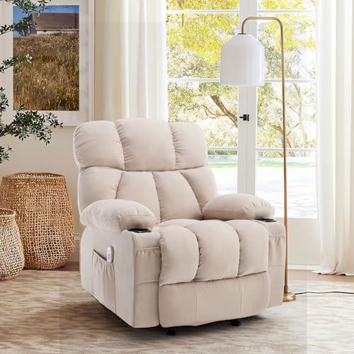 Massage Rocker Recliner Chair with Heat and Vibration Ergonomic Rocking Lounge Chair for Living Room Comfy Overstuffed Recliner with 4 Side Pockets,2 Cup Holders, USB Charge Port, Grey