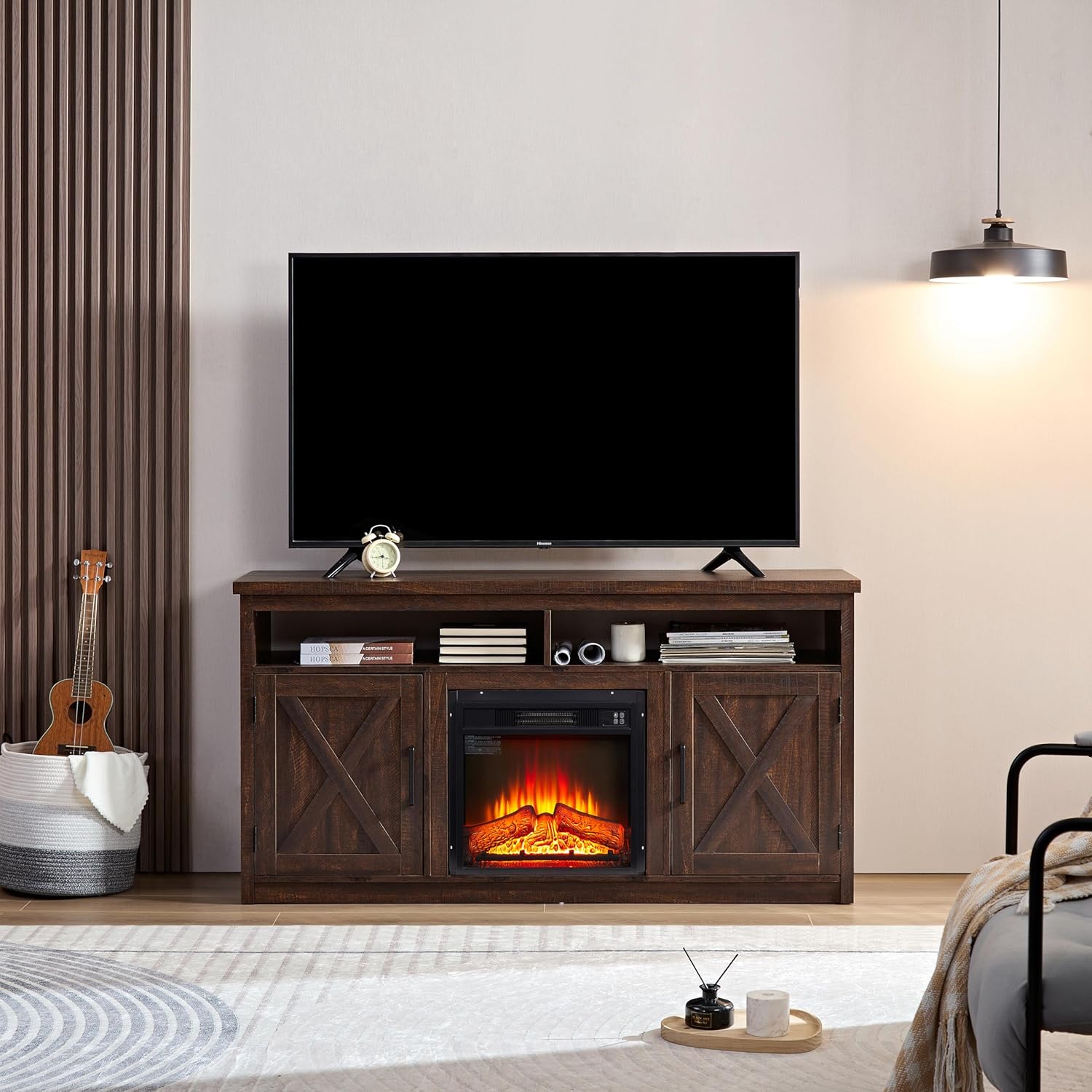 CHARMMA Farmhouse TV Media Stand, Large Barn Inspired Home Entertainment Console, with 18" Fireplace Insert, for TV Up to 65", with Open Shelves and Closed Cabinets, Espresso 57.87 * 15.75 * 30.31