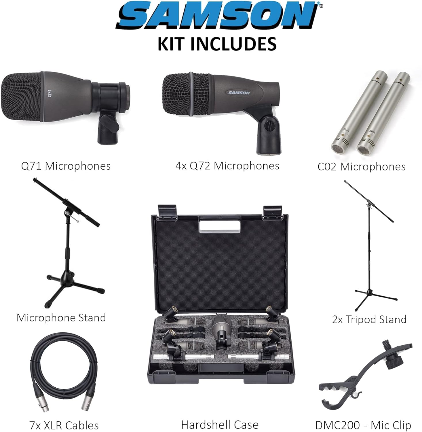 Samson DK707 7-Piece Drum Microphone Kit with 2 Tripod-Base Mic Boom Stands, Low Profile Microphone Stand with Telescoping Boom, and 7 Premium XLR Mic Cables