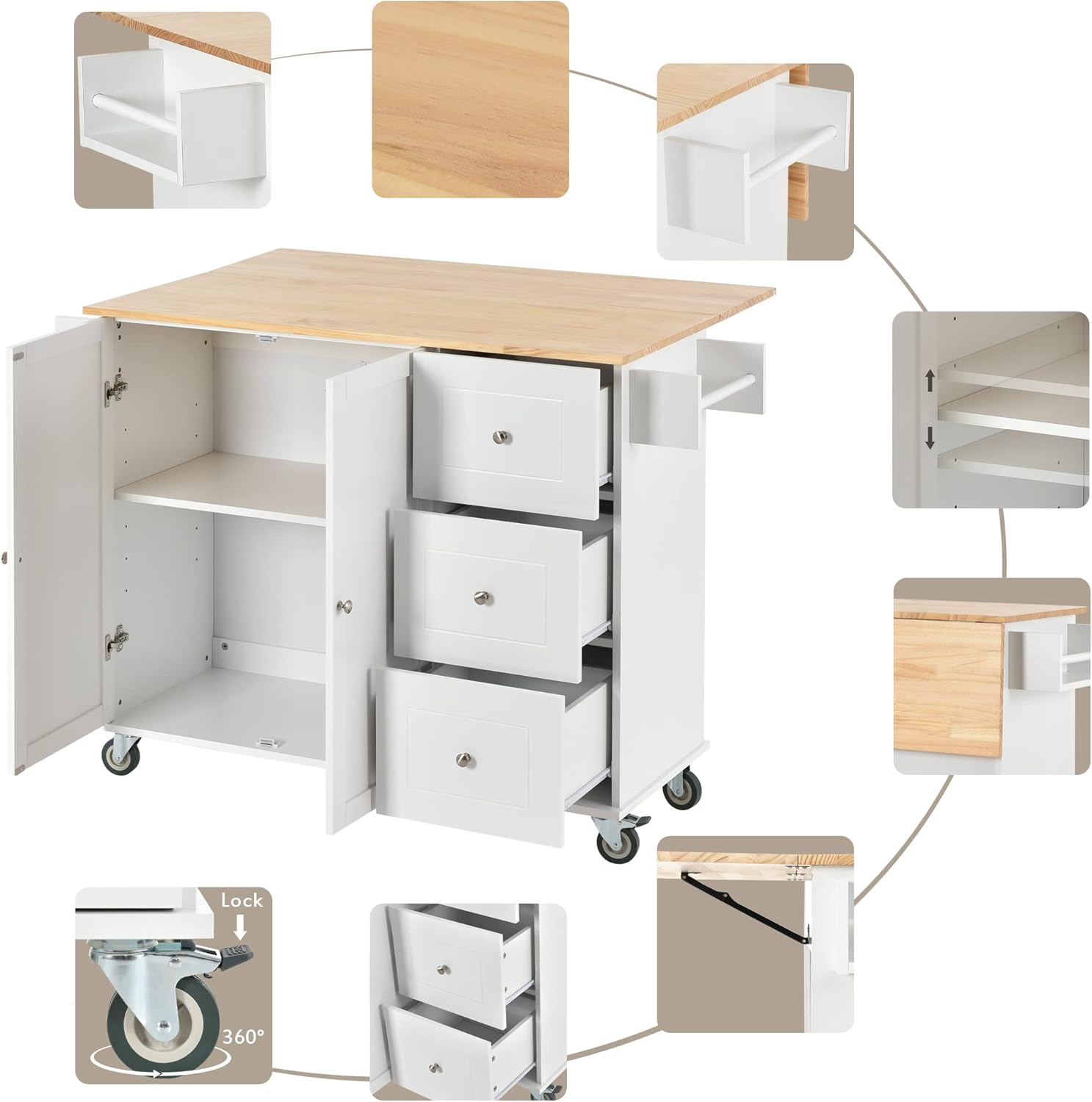 52.7 Inch Width Kitchen Island with 3 Drawers and Internal Storage Racks, Rolling Kitchen Cart with Towel Rack and Locking Wheels, Spice Rack, Drop Leaf Counter Top, Adjustable Shelves, White