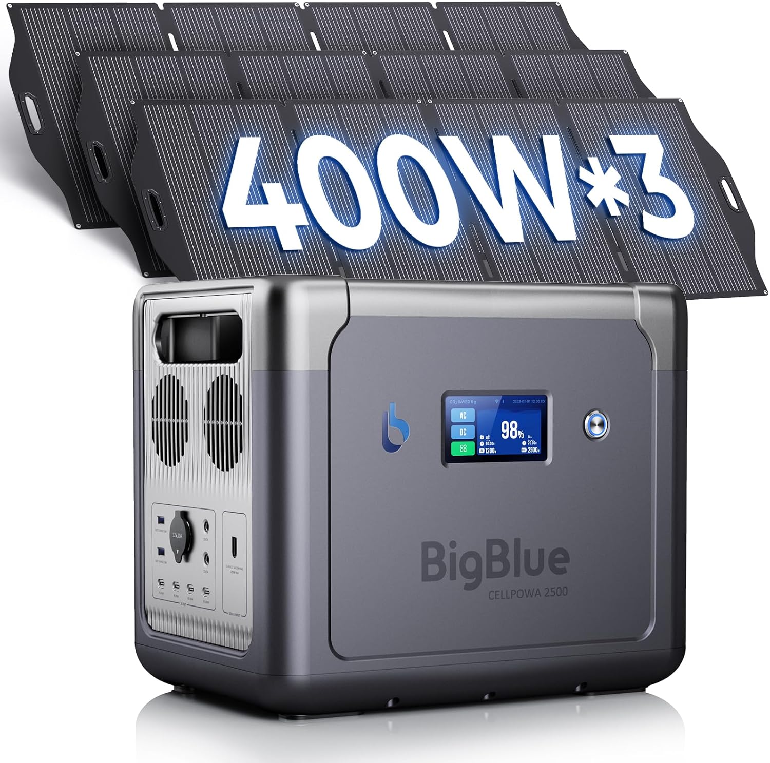 BigBlue 2500W Solar Generator with 3 400 Watt Solar Panels, CellPowa 2500 1843Wh Power Station with APP and GPS, 2Hrs AC Charge to 100%, 10ms UPS, Backup Battery Kit for RV Camping Outdoor Home Use