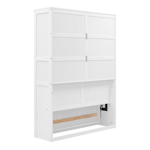 Queen Murphy Bed Folded to Wall Wooden Cabinet Bed with Cushion, Hidden Bed Folding Wall Bed for Guest Bedroom, Space Saving Design & Easy Assembly (White)