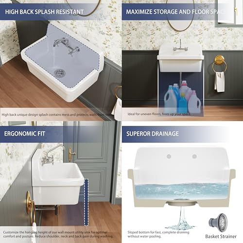 ELLAI White Ceramic Farmhouse Kitchen Sink 24"x19"x16.5" Farm Style Wall Mount Utility Sink High Back Floating Bathroom Sink Wall Mounted Laundry Sink with 8 Inch Center Faucet Chrome with Soap Tray