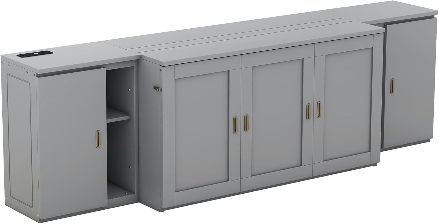 Murphy Bed Queen Size with Shelves and Cabinets,Murphy Wall Bed Queen with USB Ports,Queen Murphy Bed Cabinet for Kids,Boys,Girls,Adults,Bedrooms, Children's Rooms, Space Saving,Gray