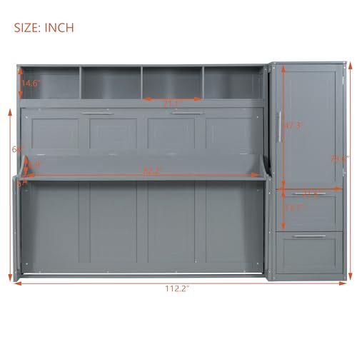 SOFTSEA Queen Size Horizontal Murphy Bed, Queen Murphy Bed with Desk Wardrobe Storage Shelf, Queen Hideaway Wall Bed with Drawers Space-Saving for Guest Room Bedroom or Office, Gray