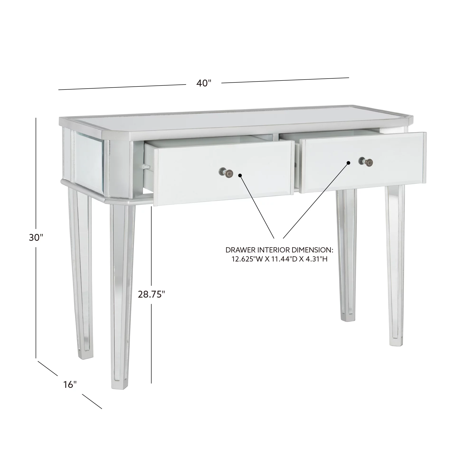 Powell Deville 2-Drawer Indoor Console Table, Mirrored Surfaces and Luxe Silver Wood