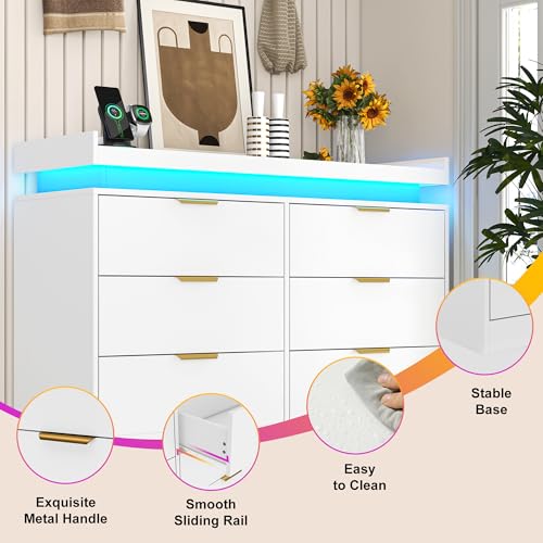White Dresser with LED Lights, Wooden LED Dresser, 4 Drawer Chest with Charging Station, Tall Chest of Drawer Closet Organizer for Bedroom, Living Room, Entryway, Hallway