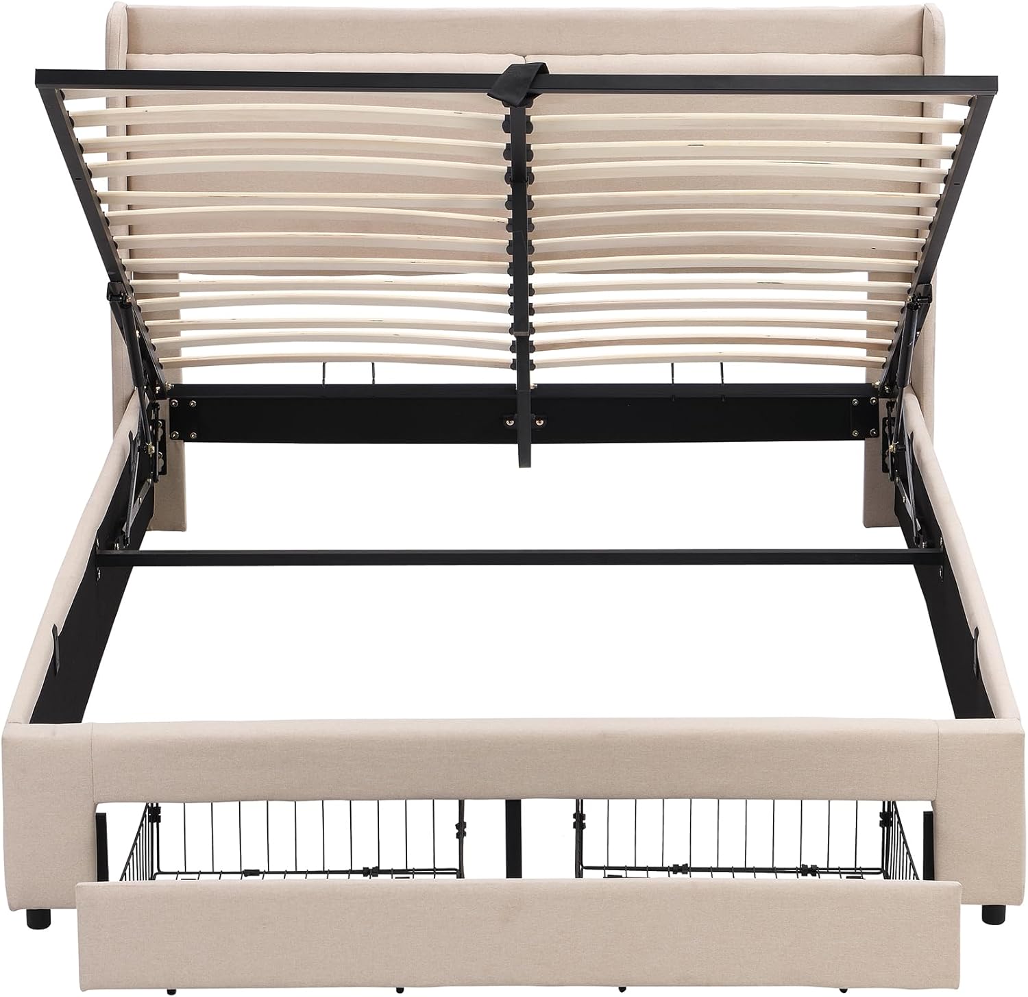 Queen Size Upholstered Hydraulic, Modern Platform Bed Frame with Lift Up Storage Space, 2 Drawers and Wingback Headboard, for Bedroom, Guestroom, Beige