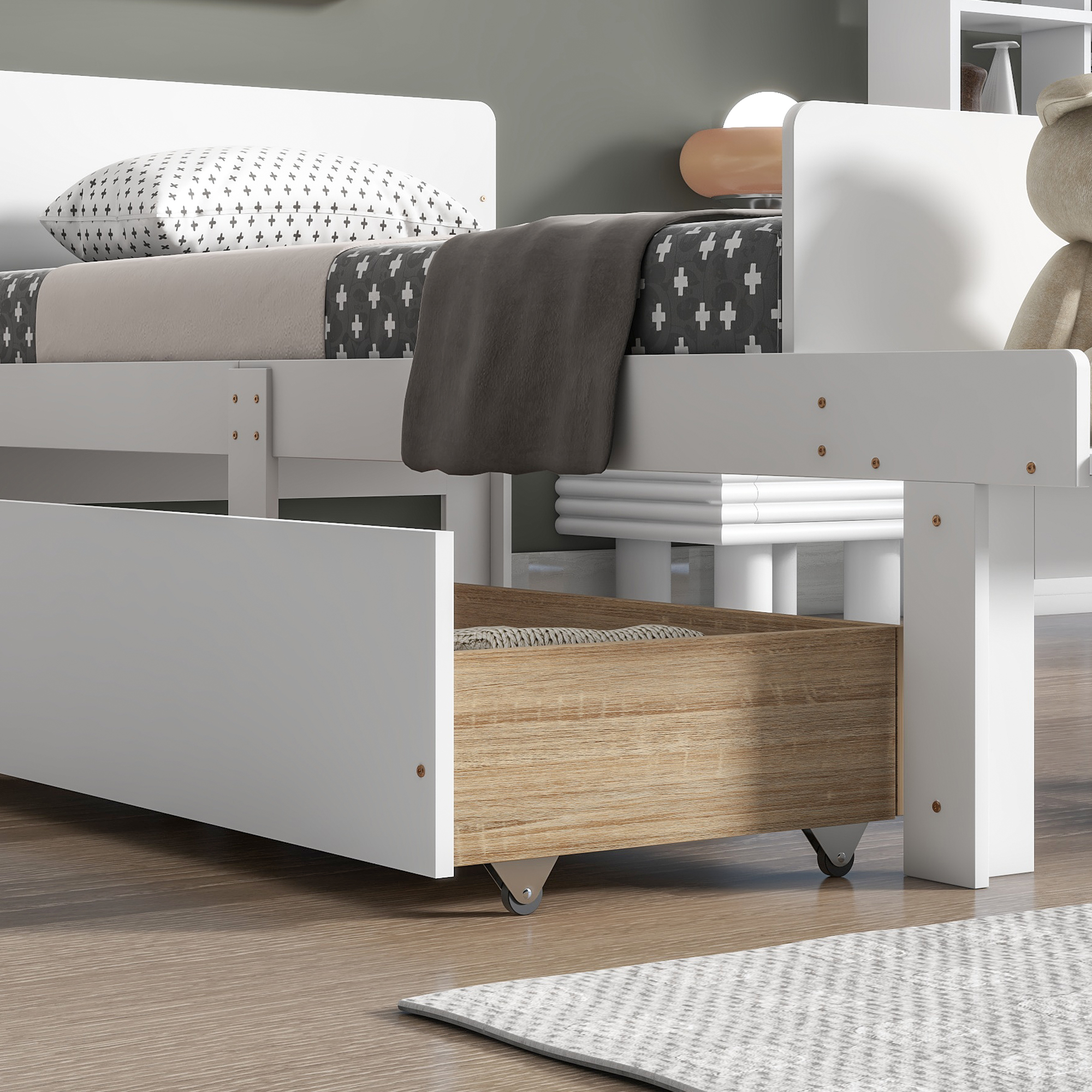 Royard Oaktree Twin Size Bed Wood Platform Bed Frame with Headboard and Footboard Bench Modern Bed Frame with 2 Storage Drawers, White