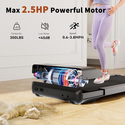 DeerRun Walking Pad 2 in 1 Under Desk Treadmill, 2.5HP Low Noise Walking Pad Running Jogging Machine with Remote Control for Home Office, Lightweight Portable Desk Treadmill Installation Free