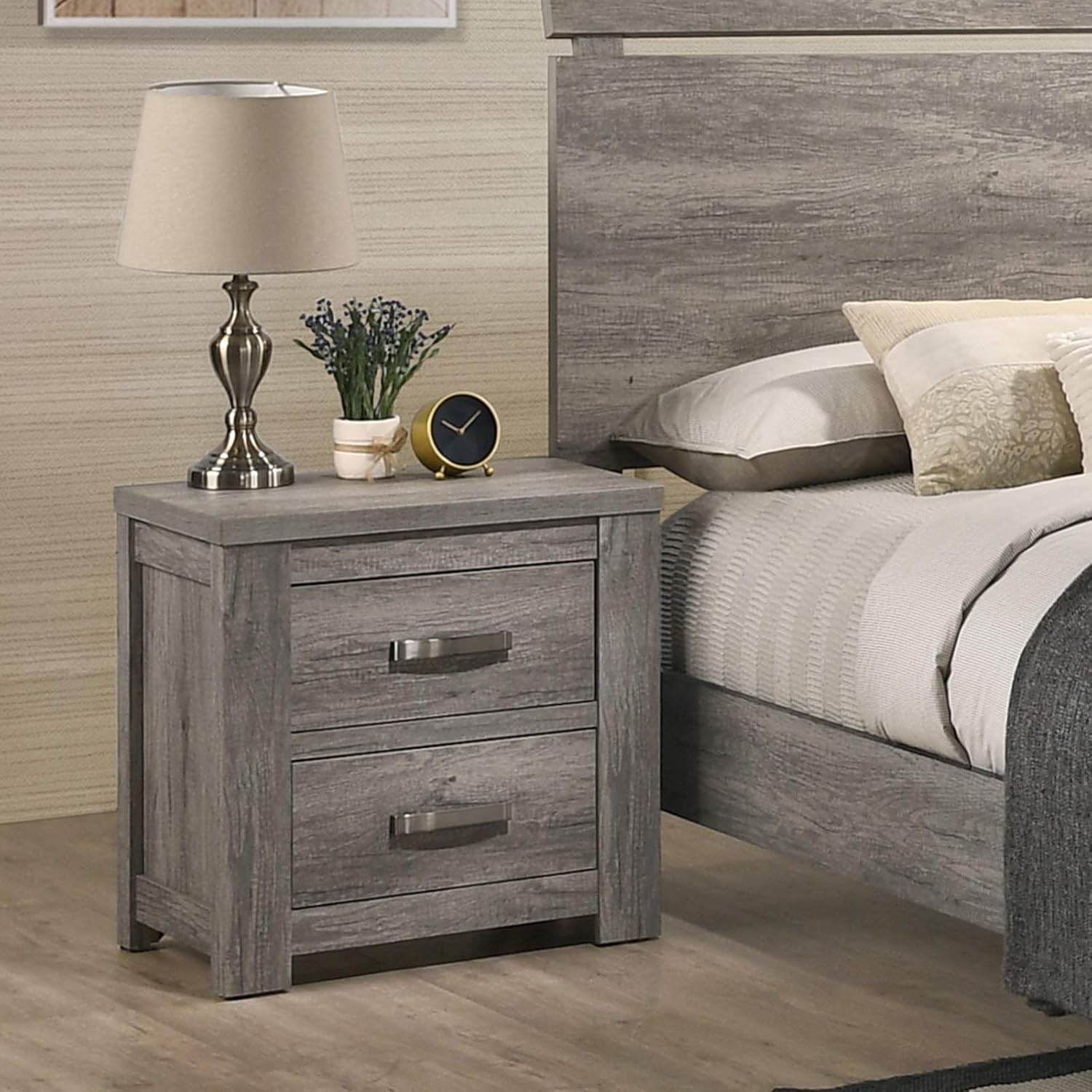 Roundhill Furniture Floren Contemporary Weathered Gray Wood Bedroom Set, Queen Panel Bed, Dresser, Mirror, Nightstand, Chest