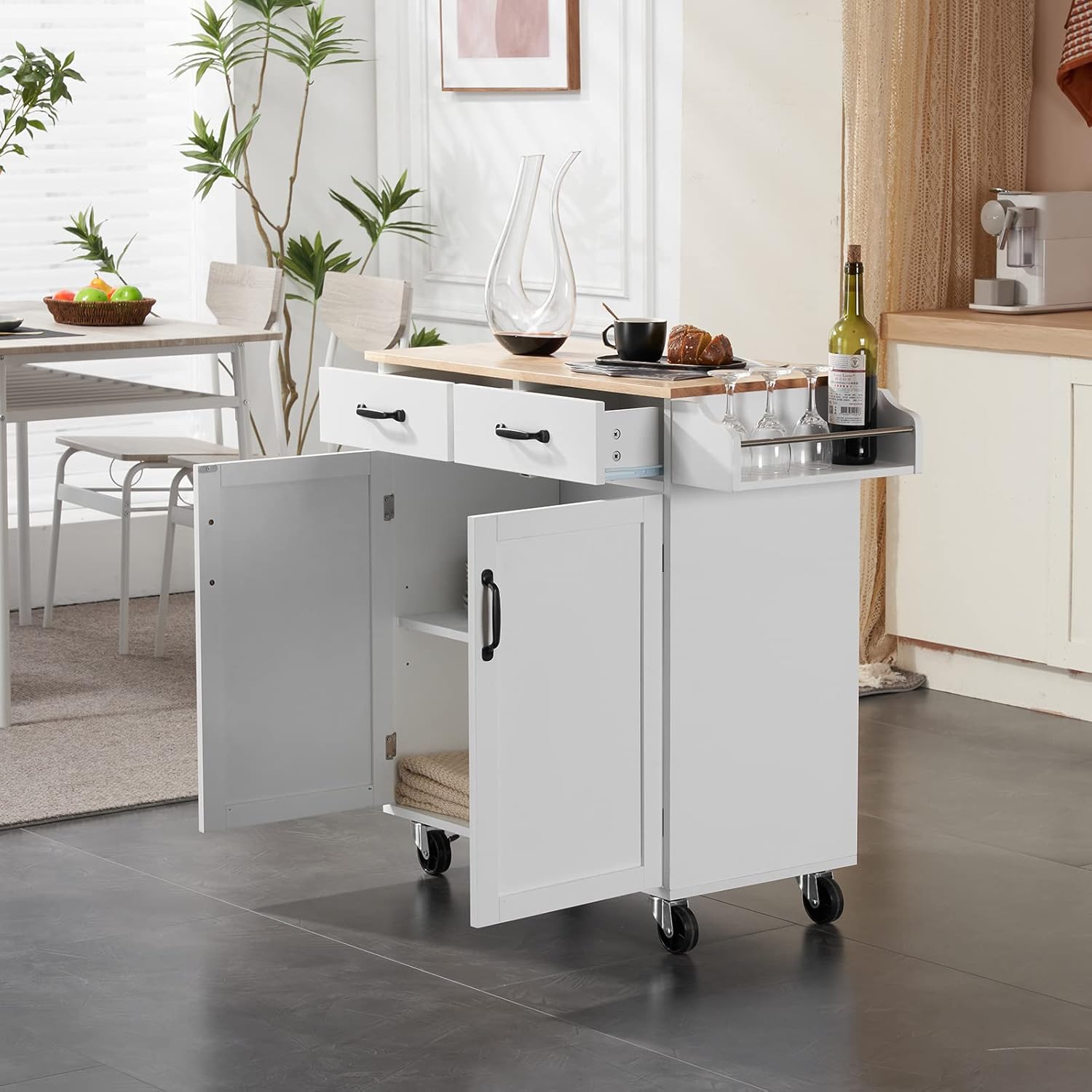 Kitchen Island on Wheels with Storage Cabinet,Rolling Kitchen Cart with Double Doors and Drawers & Spice Rack Towel Bar,Rubber Wood Top,White