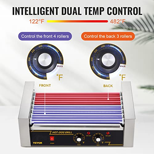 VEVOR Hot Dog Roller, 12 Hot Dog Capacity 5 Rollers, 750W Stainless Steel Cook Warmer Machine with Dual Temp Control, LED Light and Detachable Drip Tray, Sausage Grill Cooker for Kitchen Restaurant