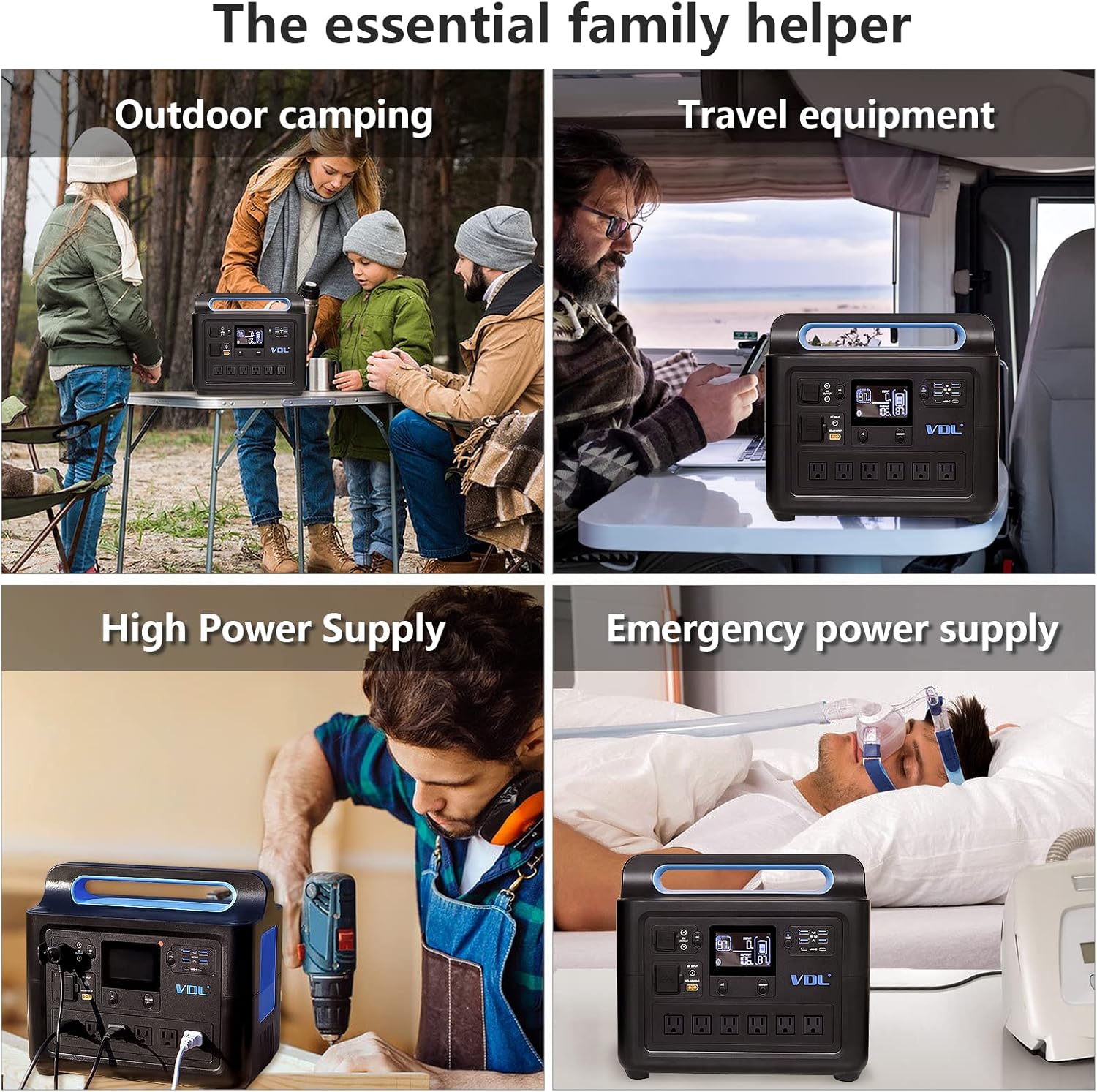 Portable Power Station 1228Wh VDL HS1000 Solar Generator, Fully Charged within 2 Hours, 6x110V/1000W AC Pure Sinewave Outlets Battery Generator for Outdoor Camping RV/Van Home Emergency CPAP