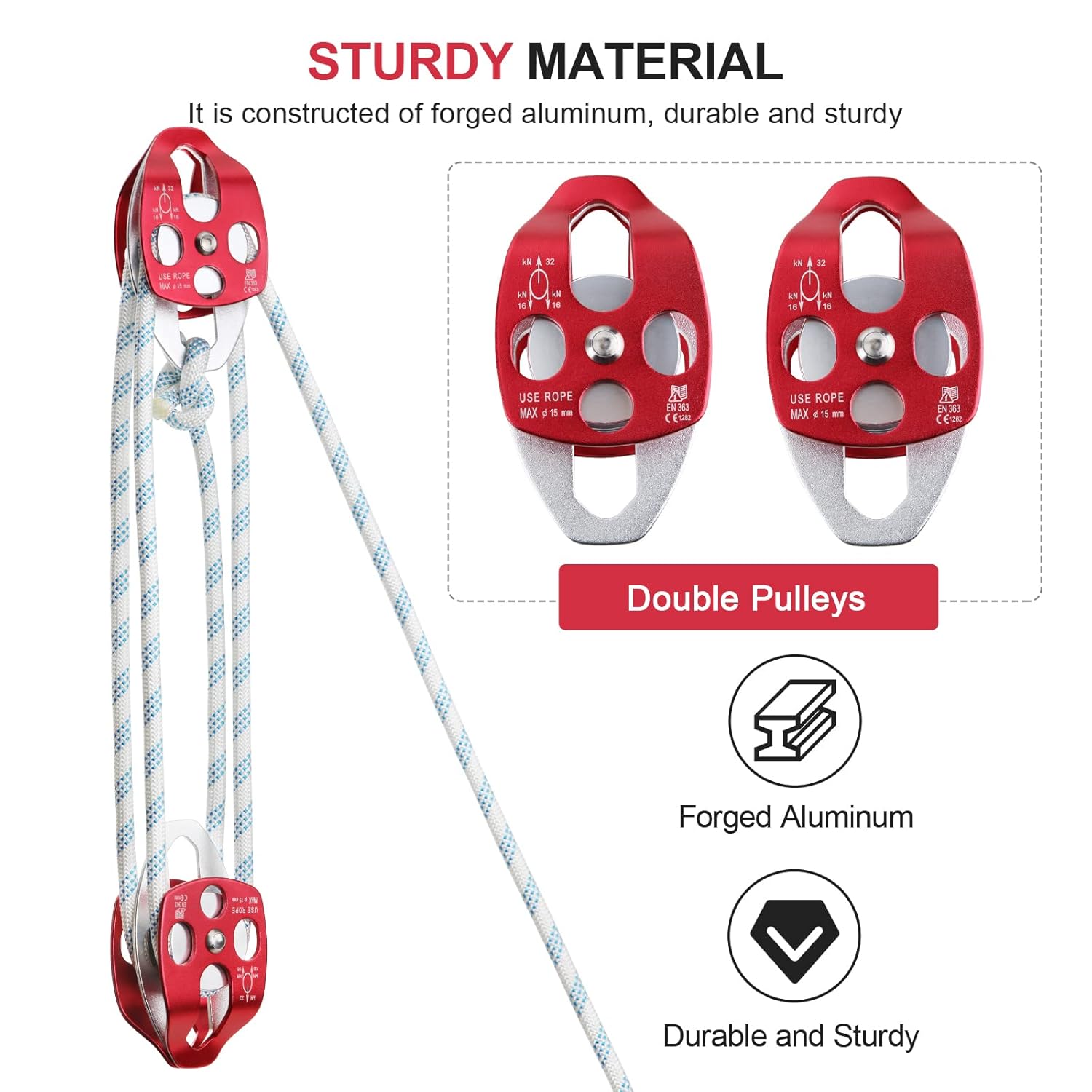 Pulley Block Twin Sheave Block and Tackle 2/5-1/2Inch 150Ft with Braid Rope 30-35KN 6600-7705LBS Capacity Easy Lifting Double Pulley Rigging Rope Great for Construction Work Moving Climbing