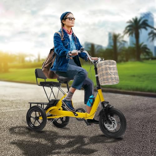 Green, Tricycle for Adults Foldable,14 Inch Folding Adult Electric Tricycle,with 48V 10.4AH Detachable Battery,Front and Rear Baskets for Shopping& Backrest, Front and Rear Lights