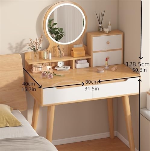 Dressing Table for Small Space, Vanity Desk Makeup Vanity Table with Lighted Mirror Vanity Set with Wood Desktop(Natural)