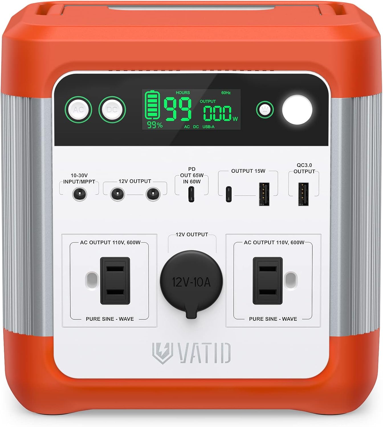 VATID Portable Power Station,600W 518Wh Solar Power Station,110V AC,12V Regulated DC,3.5hrs 100% Recharge,Pure Sine Wave,65W USB PD Rechargeable Power Station