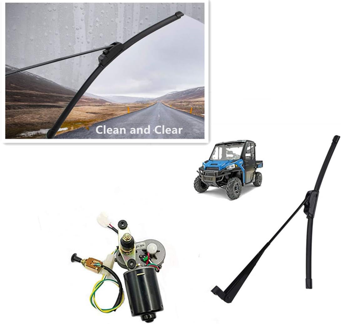 Qarmar Universal 12V Electric Wiper Motor Assembly Universal UTV Hard Coated Polycarbonate Windshield Wiper Arm Wiper Blade Motor Kit with Automatic Return Function （350mm/400mm） Pack of 2